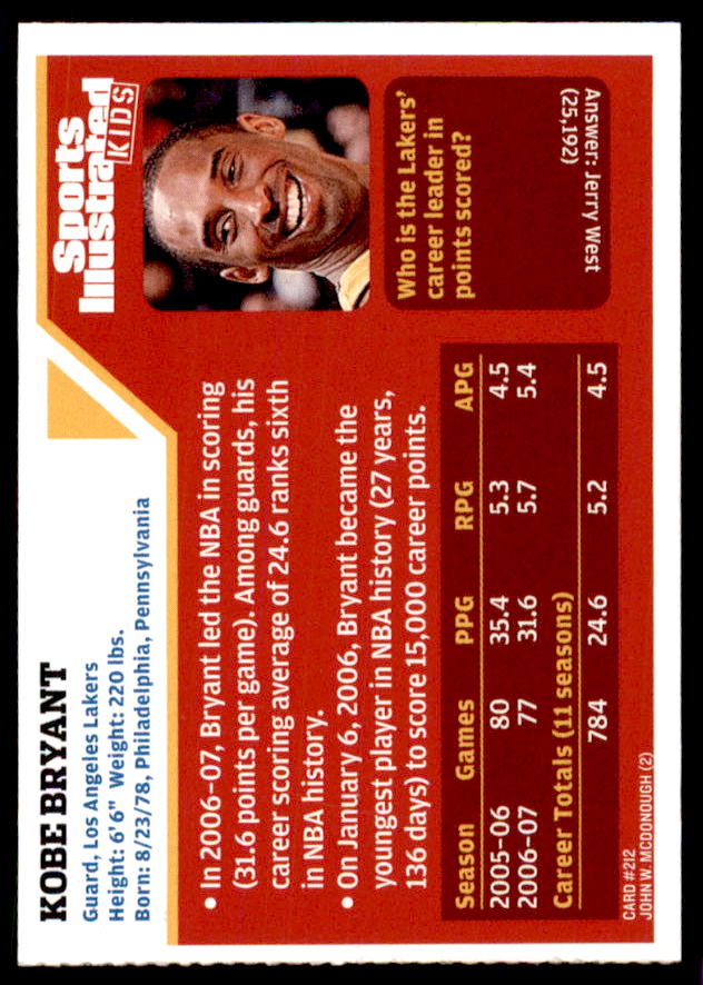 Kobe Bryant BK Card 2007 Sports Illustrated for Kids #212  Image 2