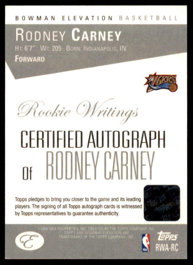 Rodney Carney Rookie 2006-07 Bowman Elevation Rookie Writing Autographs #RC  Image 2