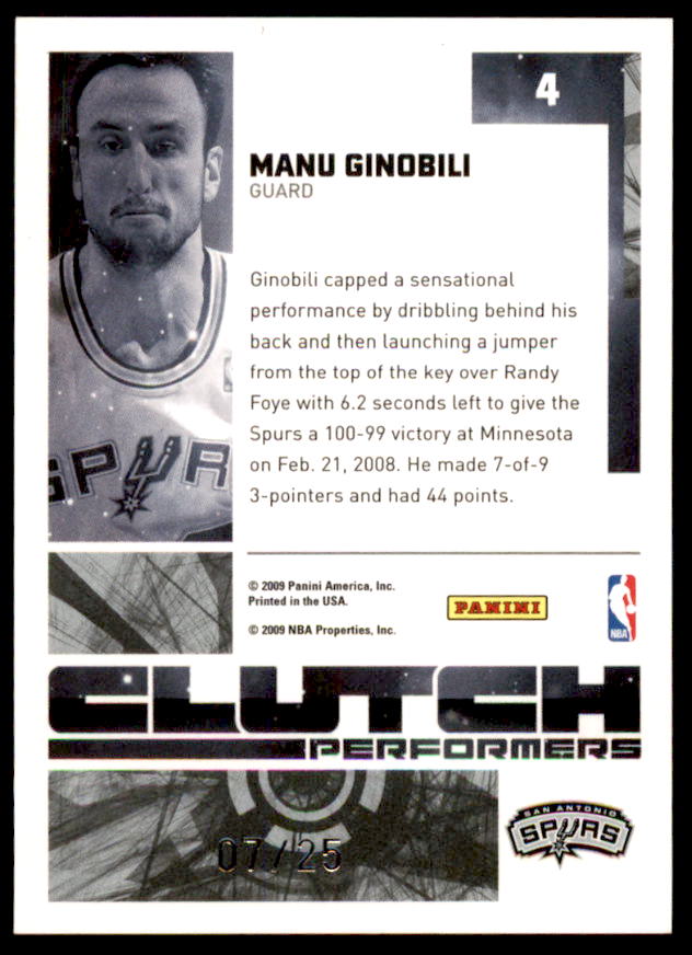 Manu Ginobili Card 2009-10 Donruss Elite Clutch Performers Black #4  Image 2