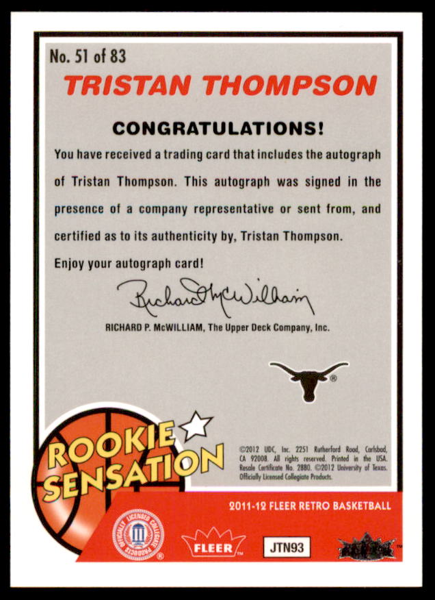 Tristan Thompson RS Rookie Card 2011-12 Fleer Retro Autographs #51  Image 2