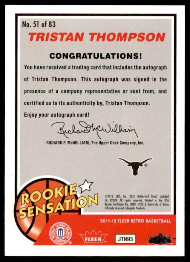 Tristan Thompson RS Rookie Card 2011-12 Fleer Retro Autographs #51  Image 2