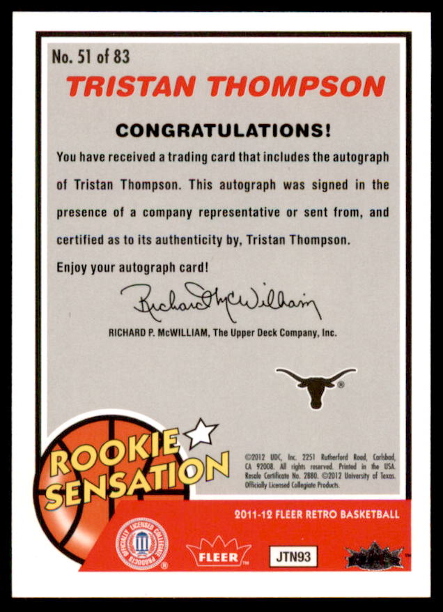 Tristan Thompson RS Rookie Card 2011-12 Fleer Retro Autographs #51  Image 2