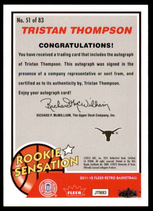 Tristan Thompson RS Rookie Card 2011-12 Fleer Retro Autographs #51  Image 2