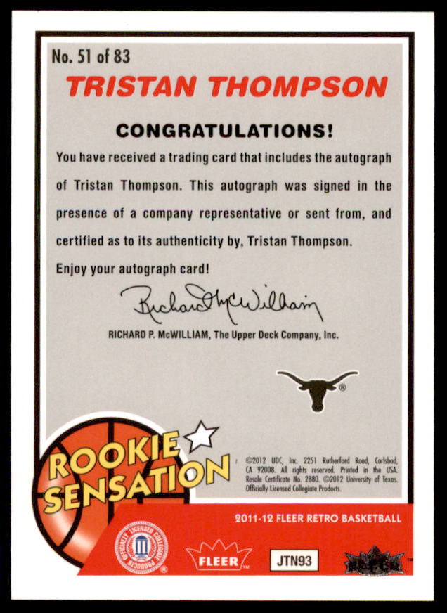 Tristan Thompson RS Rookie Card 2011-12 Fleer Retro Autographs #51  Image 2