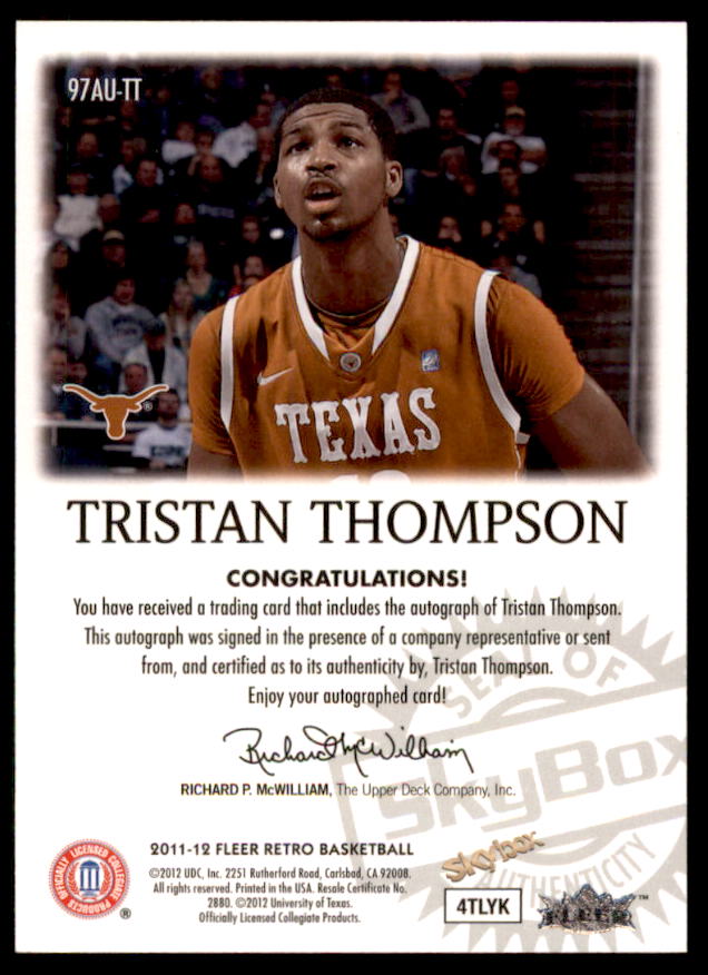 Tristan Thompson Rookie Card 2011-12 Fleer Retro Autographics 1997-98 #TT  Image 2