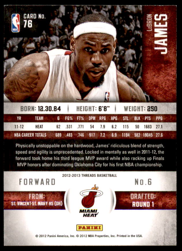 LeBron James Card 2012-13 Panini Threads #76  Image 2