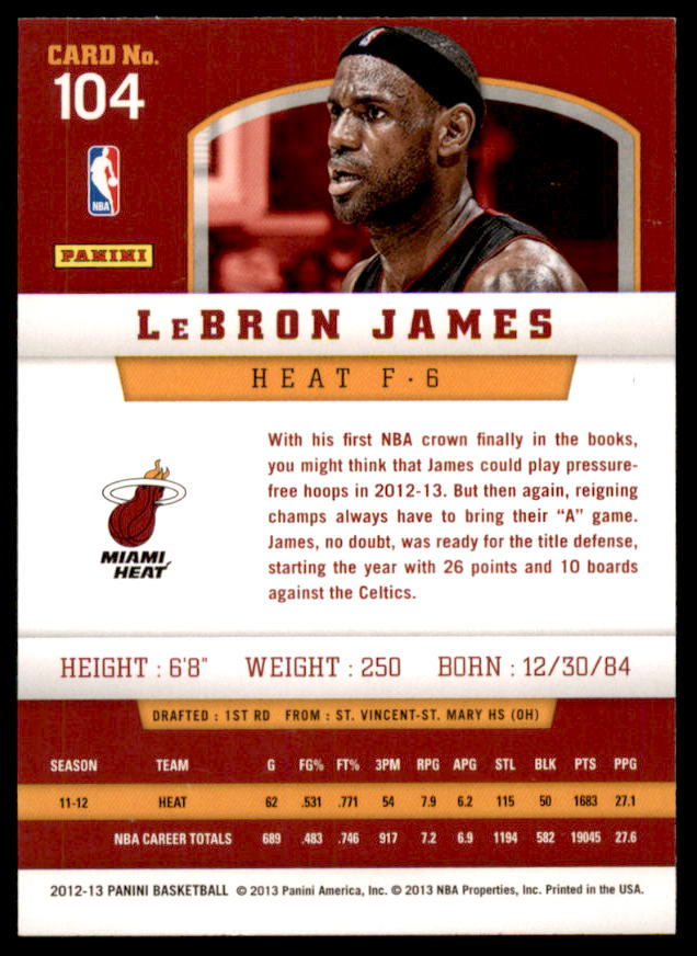 LeBron James Card 2012-13 Panini #104  Image 2