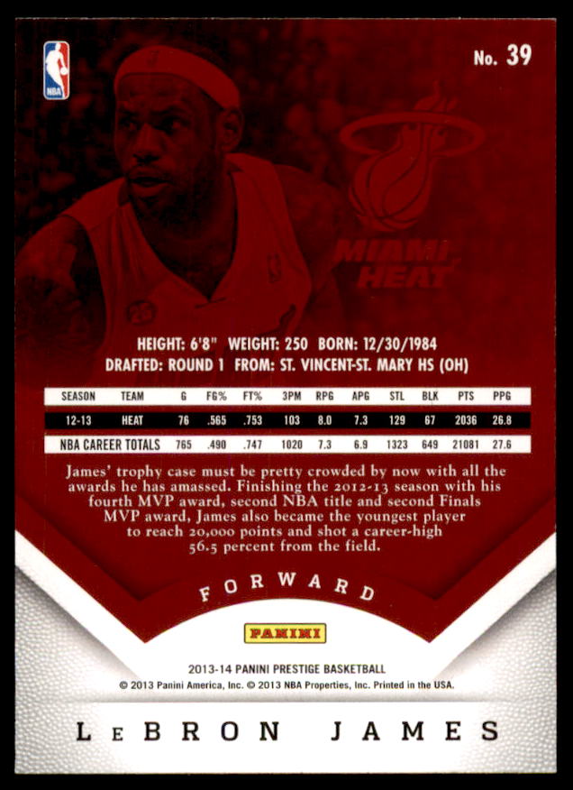 LeBron James Card 2013-14 Prestige #39  Image 2