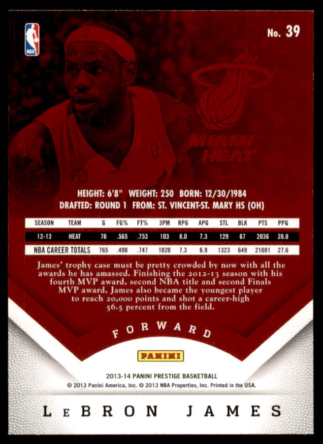 LeBron James Card 2013-14 Prestige #39  Image 2