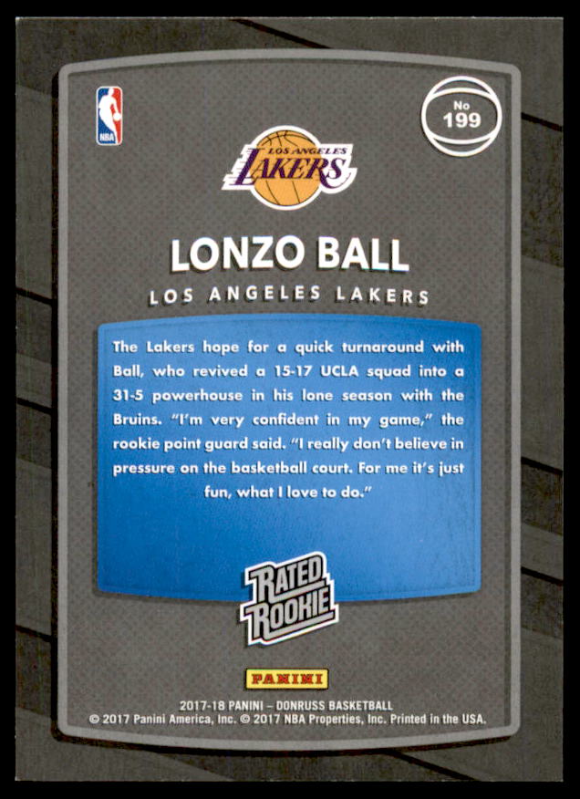 Lonzo Ball RR Rookie Card 2017-18 Donruss #199  Image 2