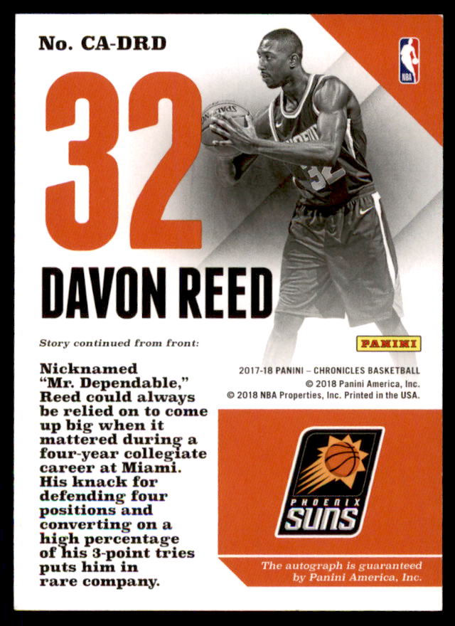 Davon Reed Rookie Card 2017-18 Panini Chronicles Autographs #13  Image 2