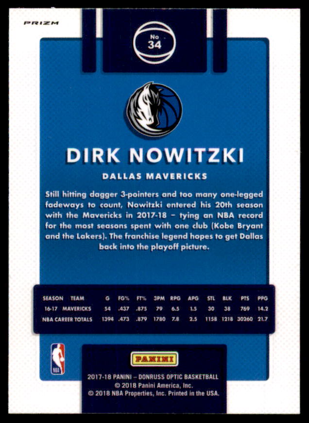 Dirk Nowitzki Card 2017-18 Donruss Optic Blue Velocity #34  Image 2