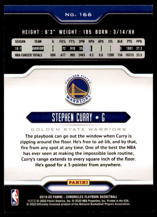 Stephen Curry/Playbook Card 2019-20 Panini Chronicles #166  Image 2