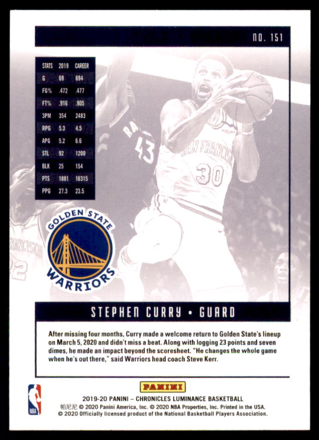 Stephen Curry/Luminance Card 2019-20 Panini Chronicles Bronze #151  Image 2