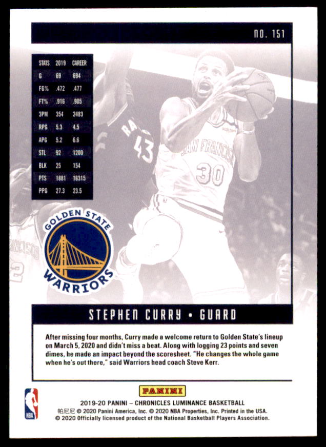 Stephen Curry/Luminance Card 2019-20 Panini Chronicles #151  Image 2