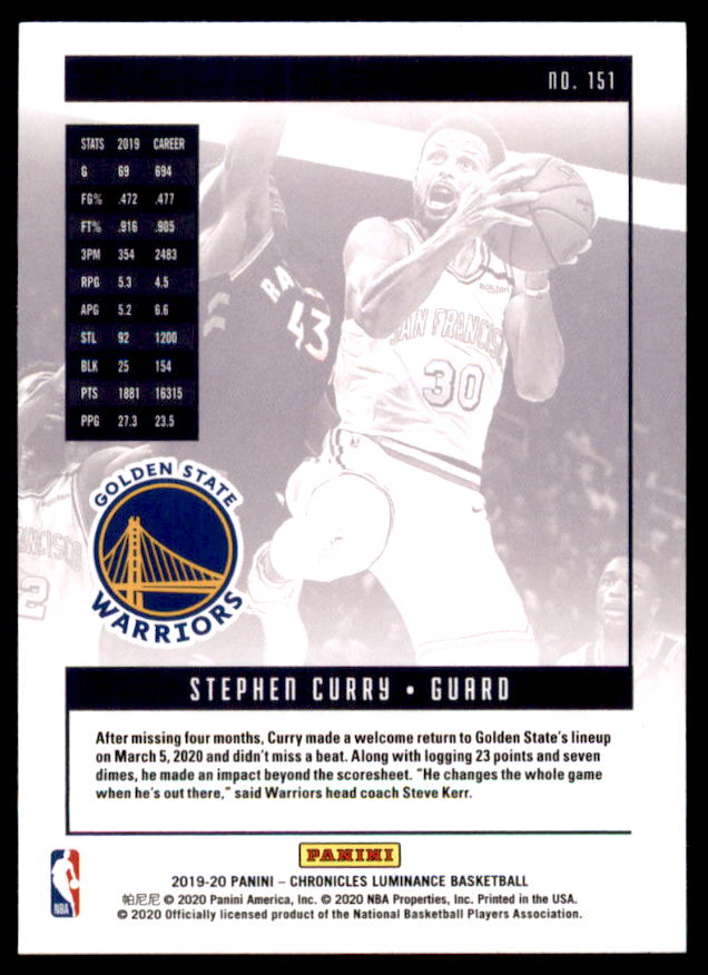 Stephen Curry/Luminance Card 2019-20 Panini Chronicles #151  Image 2