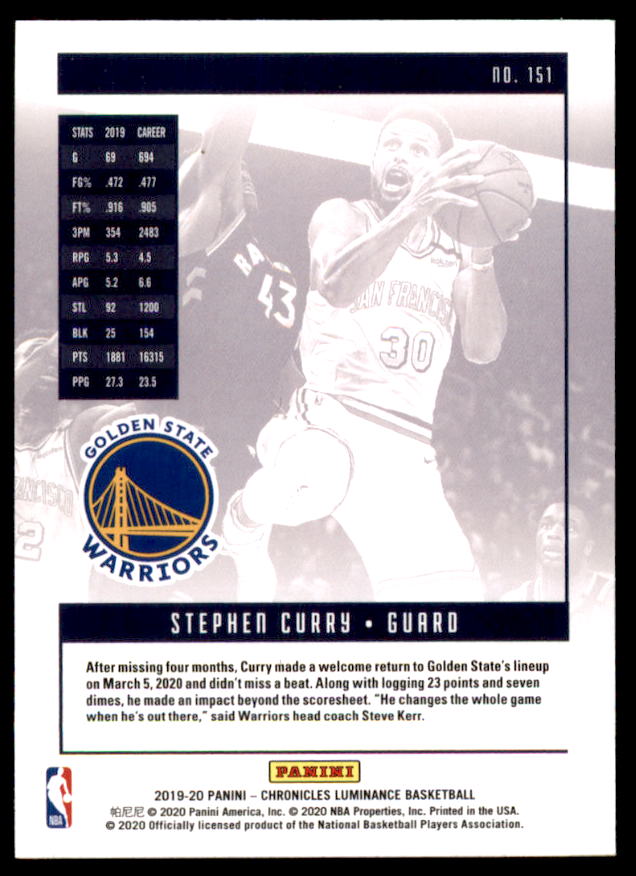 Stephen Curry/Luminance Card 2019-20 Panini Chronicles #151  Image 2