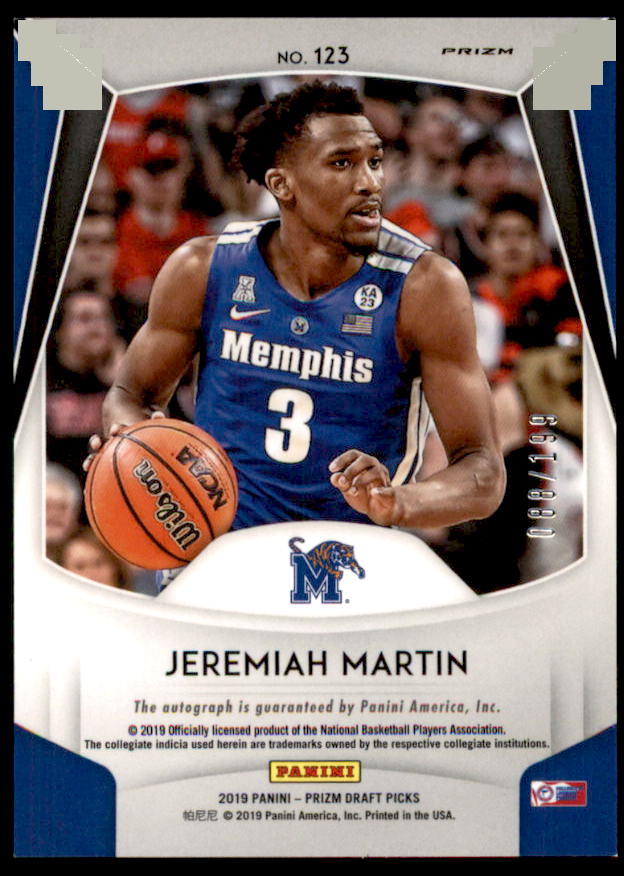 Jeremiah Martin 2019 Prizm Draft Picks Autographs Prizms Purple and Green #123  Image 2