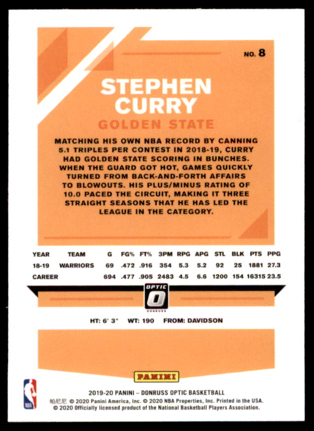 Stephen Curry Card 2019-20 Donruss Optic #8  Image 2