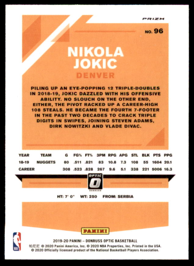 Nikola Jokic Card 2019-20 Donruss Optic Purple Shock #96  Image 2