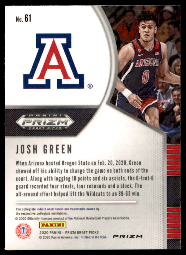 Josh Green Rookie Card 2020-21 Panini Prizm Draft Picks Prizms Green #61  Image 2