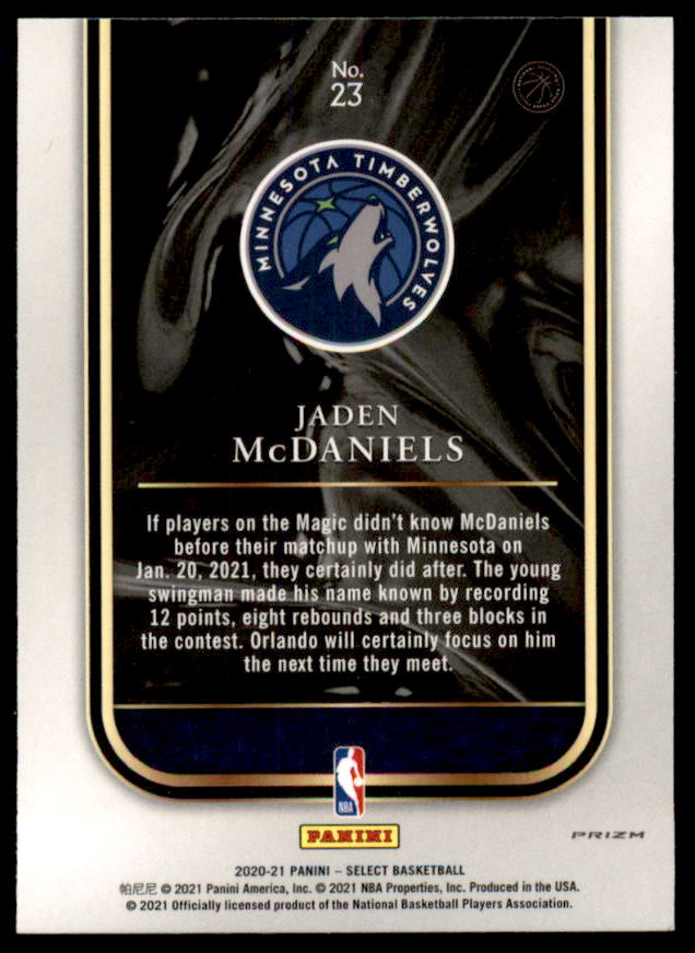 Jaden McDaniels Rookie Card 2020-21 Select Rookie Selections Prizms Blue #23  Image 2