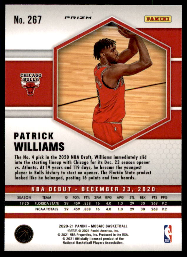 Patrick Williams Rookie 2020-21 Panini Mosaic Mosaic Fast Break Silver #267  Image 2