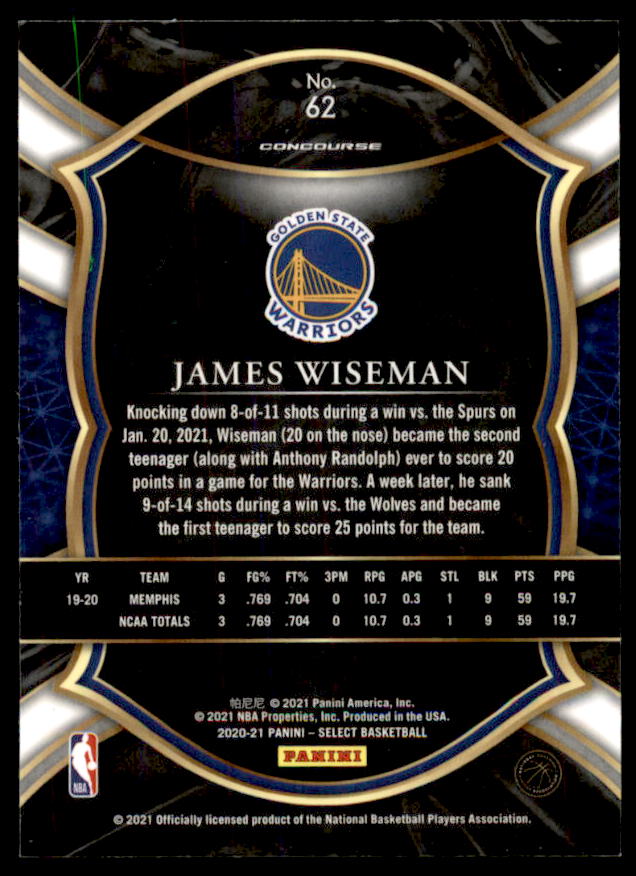 James Wiseman Rookie Card 2020-21 Select Blue Retail #62  Image 2