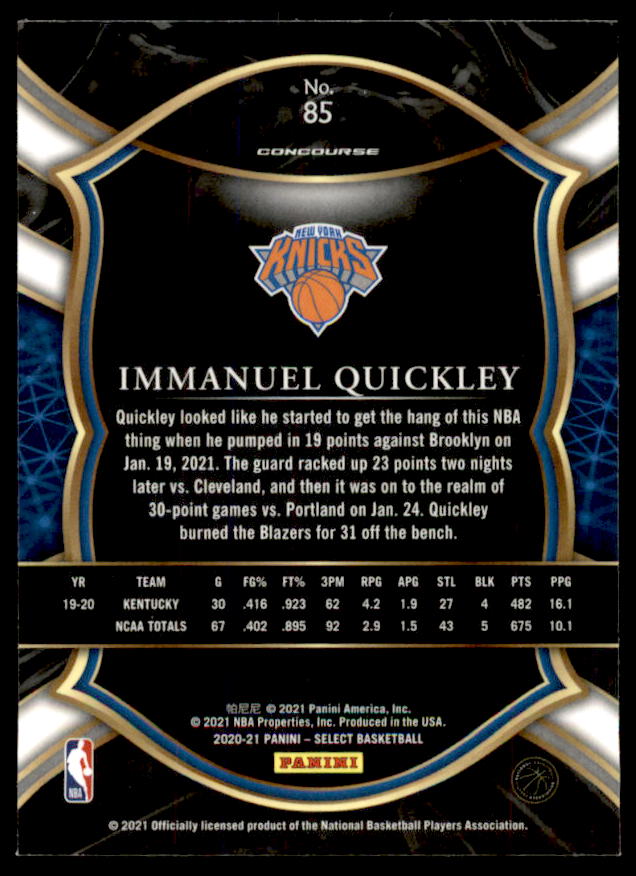 Immanuel Quickley Rookie Card 2020-21 Select Blue Retail #85  Image 2