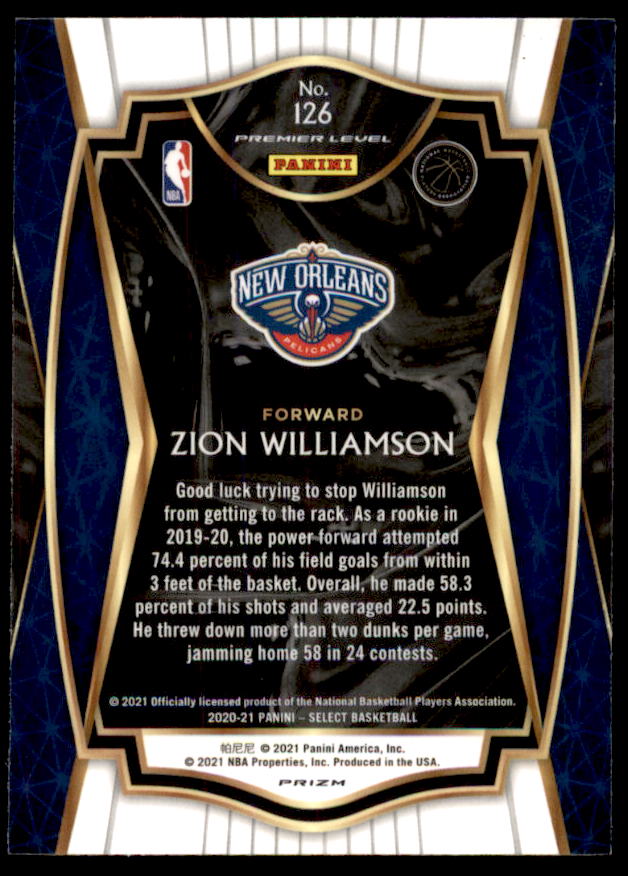 Zion Williamson Card 2020-21 Select Prizms Red White Orange Shimmer #126  Image 2