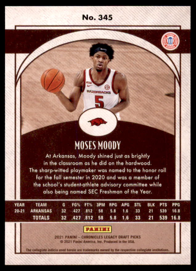 Moses Moody/Legacy Rookie Card 2021 Chronicles Draft Picks Purple #345  Image 2