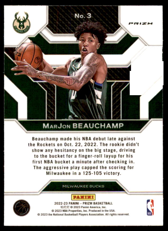 MarJon Beauchamp Rookie Card 2022-23 Panini Prizm Emergent Prizms Green #3  Image 2