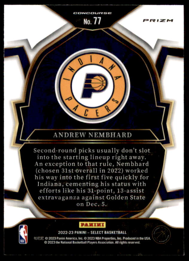 Andrew Nembhard Rookie Card 2022-23 Select Prizms Blue Cracked Ice #77  Image 2