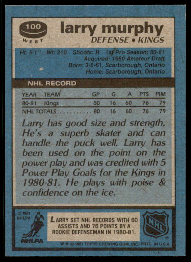 Larry Murphy Rookie Card 1981-82 Topps #W100  Image 2