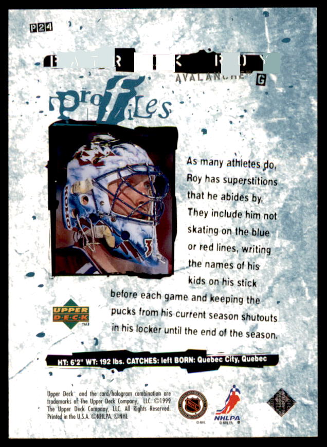 Patrick Roy Card 1998-99 Upper Deck Profiles #P24  Image 2