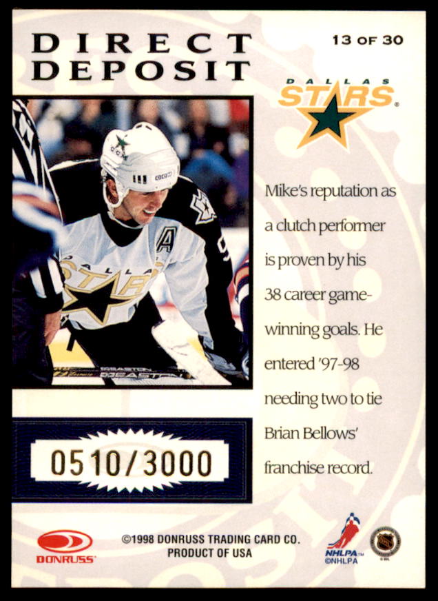 Mike Modano Card 1997-98 Donruss Priority Direct Deposit #13  Image 2