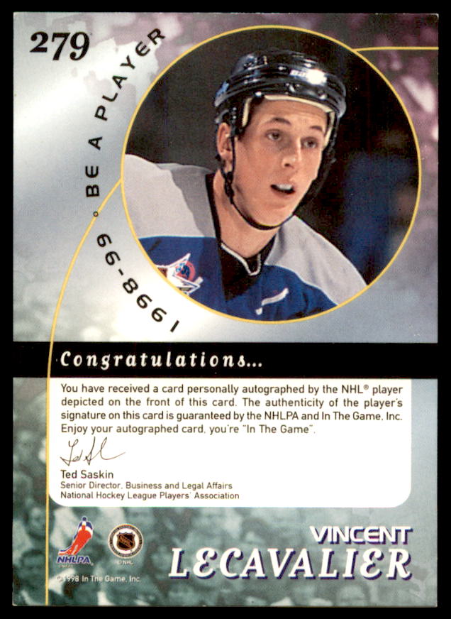 Vincent Lecavalier Card 1998-99 Be A Player Autographs #279  Image 2