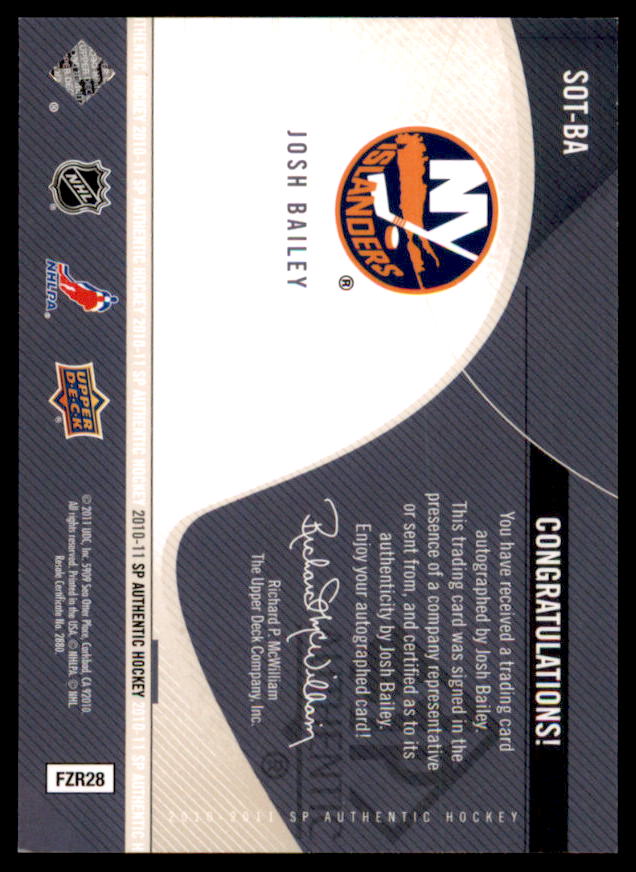 Josh Bailey Card 2010-11 SP Authentic Sign of the Times #SOTBA  Image 2