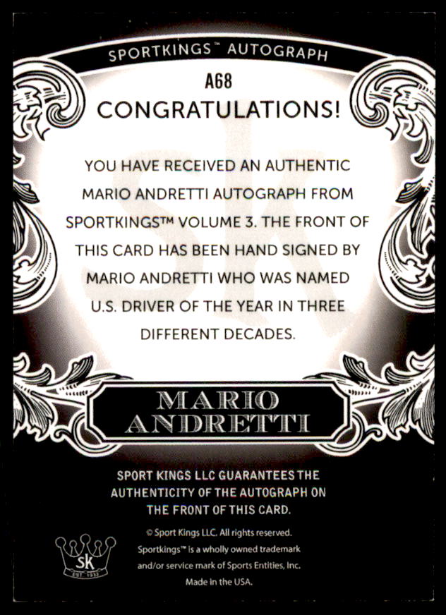 Auto Card 2022 Sportkings Volume 3  Mario Andretti #A68  Image 2