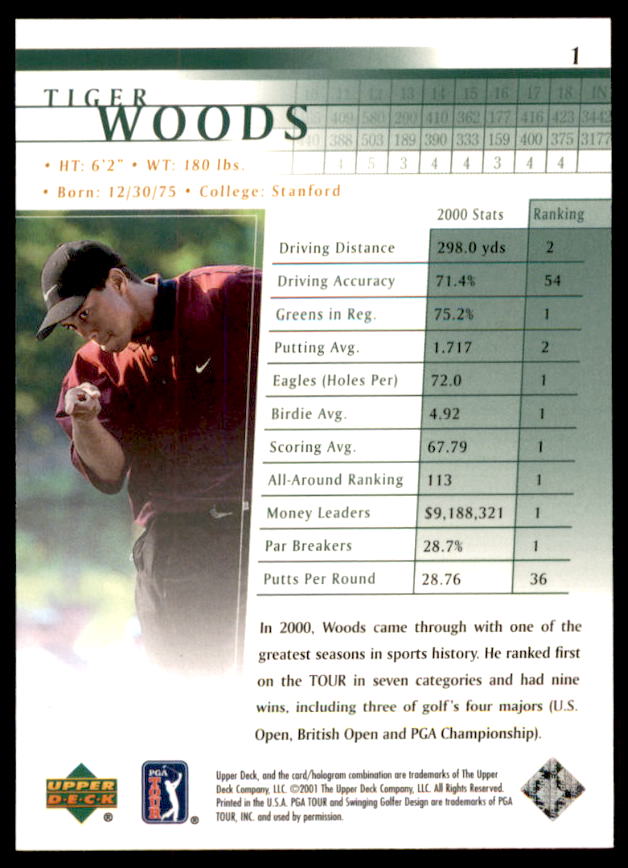 Tiger Woods RC Card 2001 Upper Deck #1  Image 2