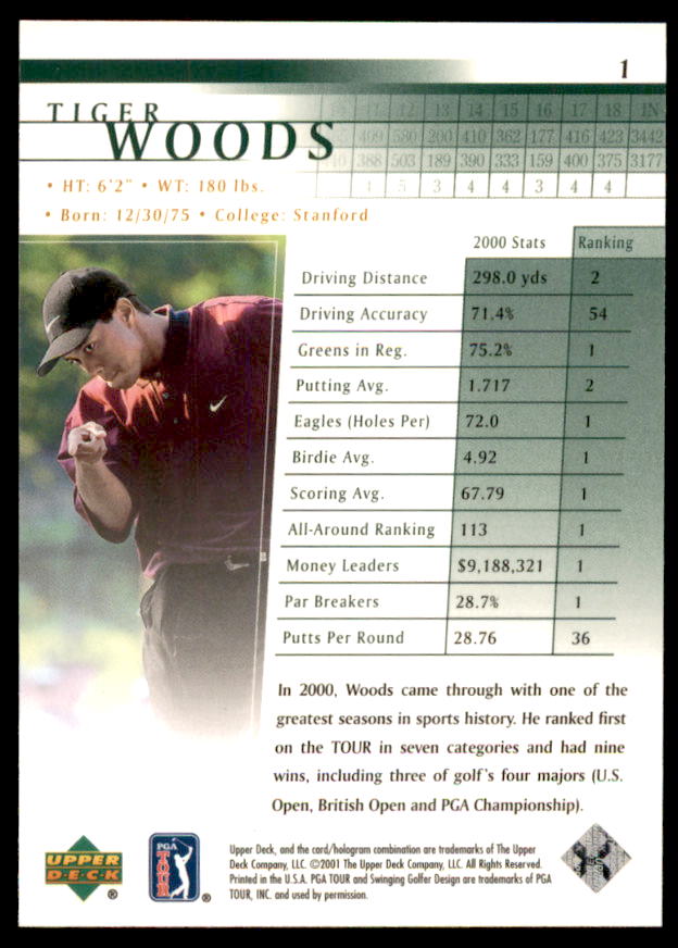 Tiger Woods RC Card 2001 Upper Deck #1  Image 2