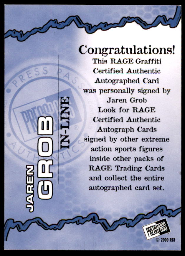 Jaren Grob Card 2000 Press Pass Rage Sports Extreme Graffiti Autographs #23  Image 2