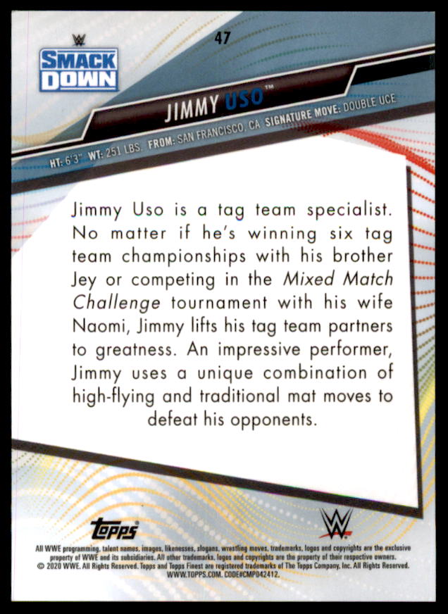 Jimmy Uso Card 2020 Finest WWE Blue Refractors #47  Image 2