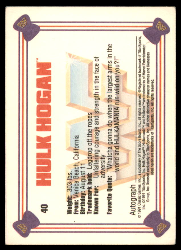 Hulk Hogan Card 1991 Classic WWF Superstars #40  Image 2
