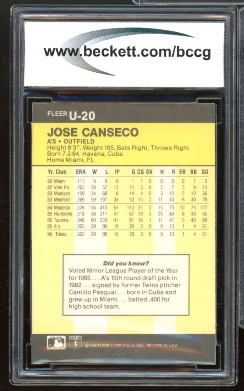 Jose Canseco Rookie Card 1986 Fleer Update #U-20 BCCG 9 Near Mint+ Image 2