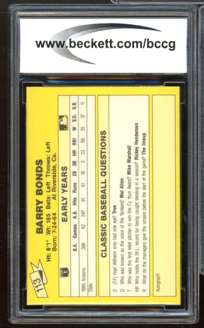 Barry Bonds Rookie Card 1987 Classic Update Yellow #113 BGS BCCG 10 Mint+ Image 2