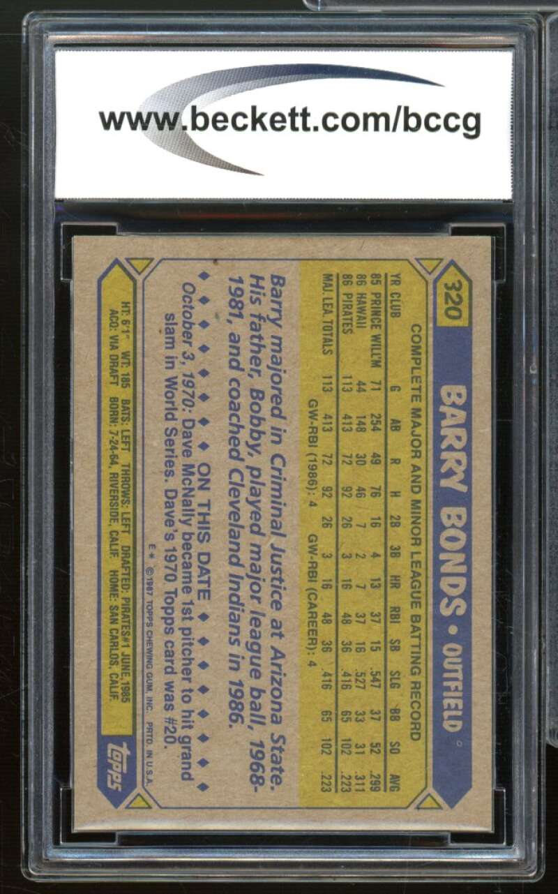 Barry Bonds Rookie Card 1987 Topps #320 BCCG 9 Near Mint+ Image 2