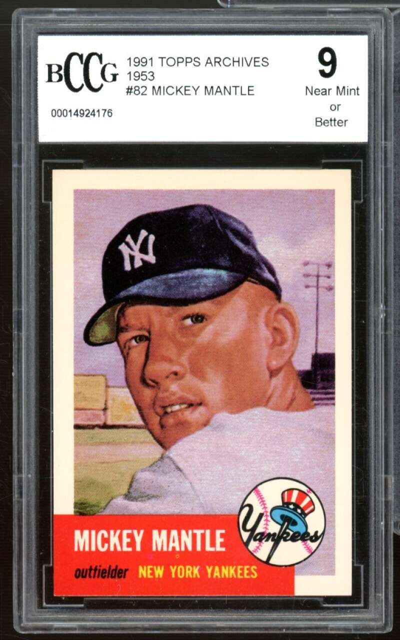 Mickey Mantle Card 1991 Topps Archives 1953 #82 BCCG 9 Near Mint+ Image 1