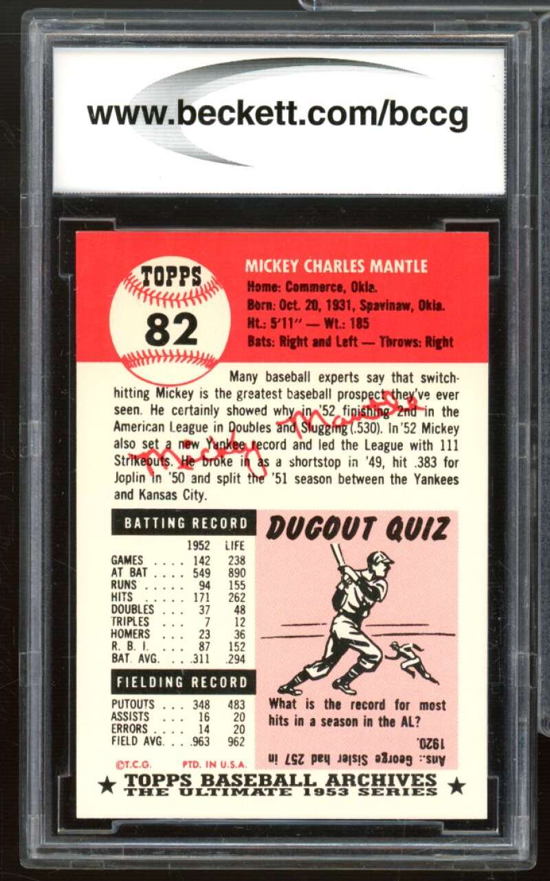 Mickey Mantle Card 1991 Topps Archives 1953 #82 BCCG 9 Near Mint+ Image 2