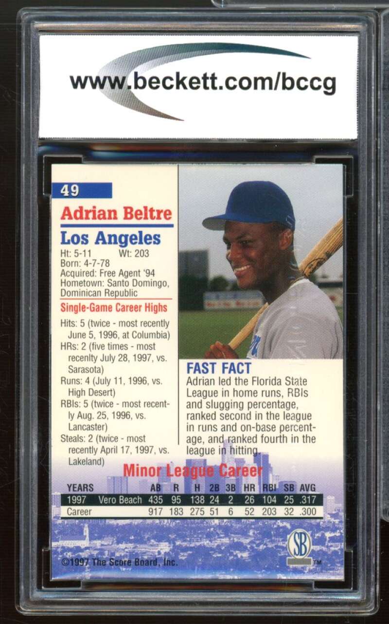 Adrian Beltre Rookie 1997-98 Score Board Auto Coll. Strongbox #49 BGS BCCG 9 NM+ Image 2